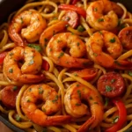 Plate of Cajun Shrimp Pasta with sausage, garnished and ready to serve