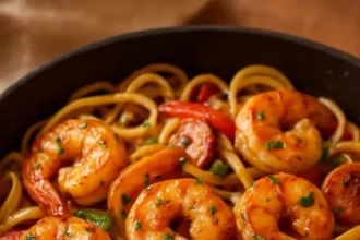 Plate of Cajun Shrimp Pasta with sausage, garnished and ready to serve