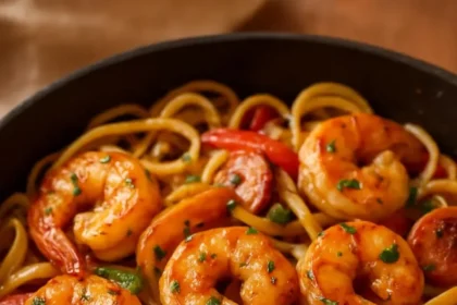 Plate of Cajun Shrimp Pasta with sausage, garnished and ready to serve