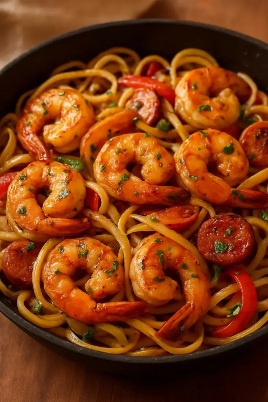 Plate of Cajun Shrimp Pasta with sausage, garnished and ready to serve