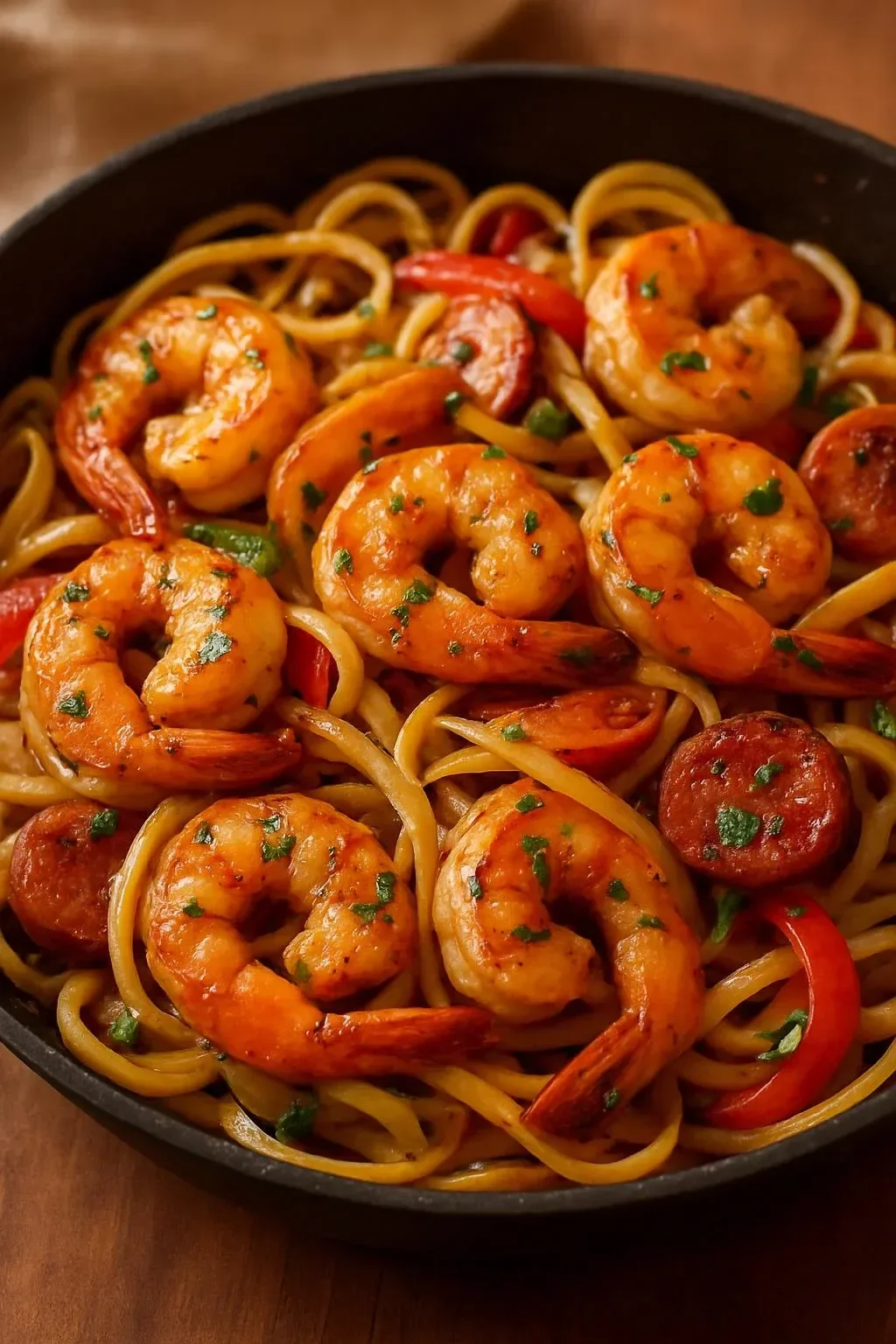 Plate of Cajun Shrimp Pasta with sausage, garnished and ready to serve