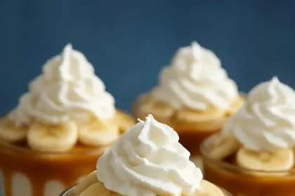 Delicious caramel banana pudding cups topped with whipped cream and banana slices.