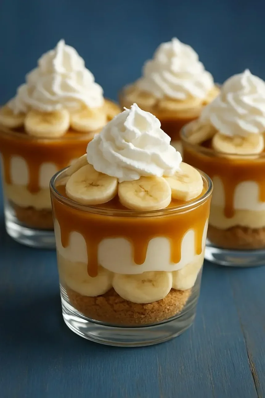 Delicious caramel banana pudding cups topped with whipped cream and banana slices.