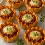 Caramelized onion and cheese filled phyllo bites served as appetizers.
