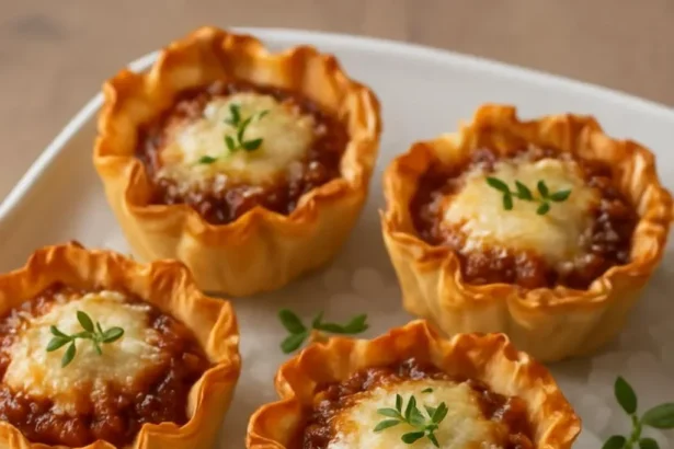 Caramelized onion and cheese filled phyllo bites served as appetizers.