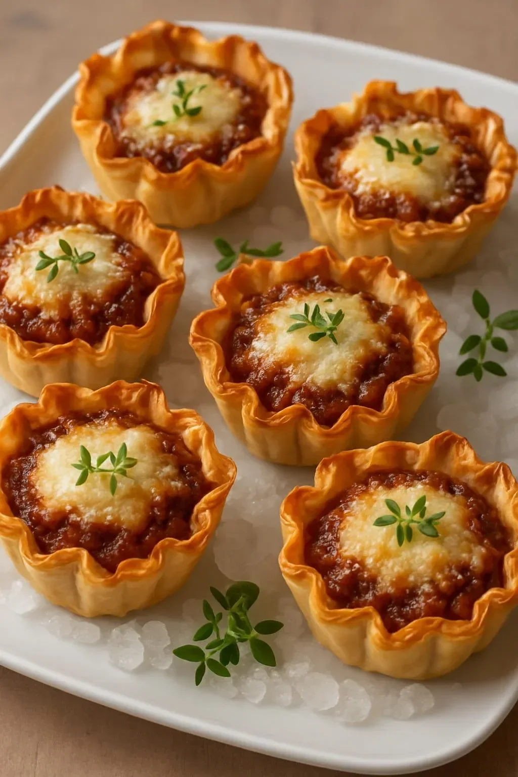 Caramelized onion and cheese filled phyllo bites served as appetizers.