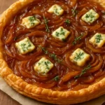 Caramelized onion cheese tart served on a wooden board