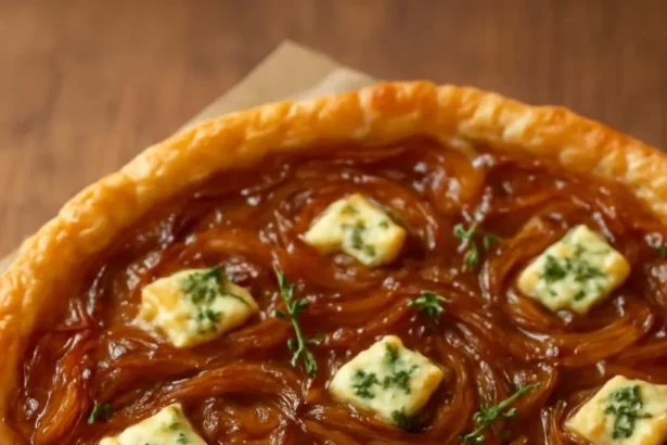Caramelized onion cheese tart served on a wooden board