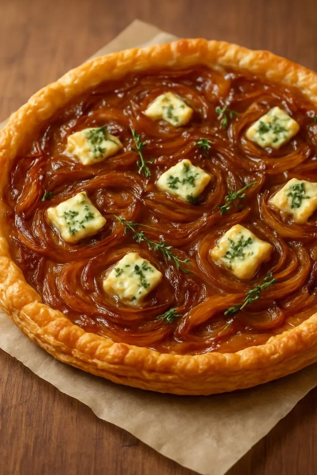 Caramelized onion cheese tart served on a wooden board