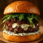 Caramelized onion and garlic burgers served on a plate with fresh toppings.