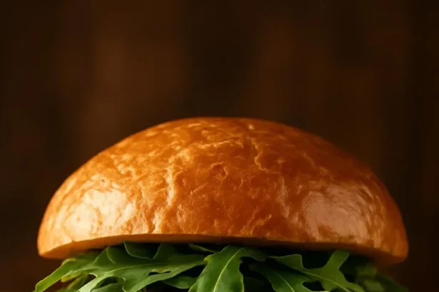 Caramelized onion and garlic burgers served on a plate with fresh toppings.