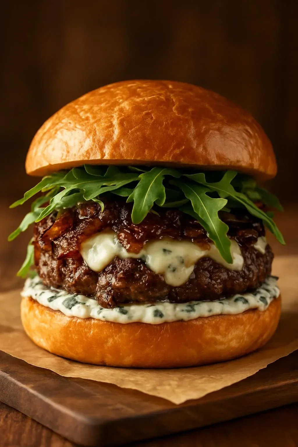 Caramelized onion and garlic burgers served on a plate with fresh toppings.