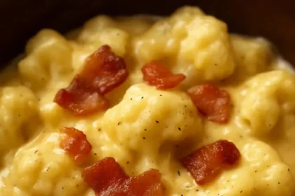 Delicious cauliflower and bacon gratin topped with melted cheese