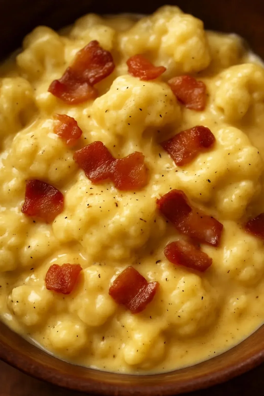 Delicious cauliflower and bacon gratin topped with melted cheese