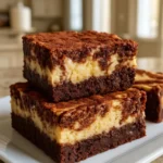 Delicious cheesecake brownies topped with a creamy layer and chocolate swirls.