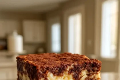 Delicious cheesecake brownies topped with a creamy layer and chocolate swirls.