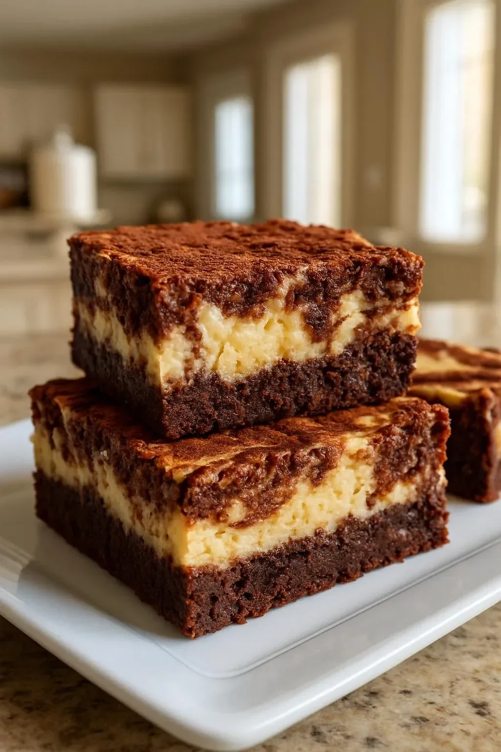 Delicious cheesecake brownies topped with a creamy layer and chocolate swirls.