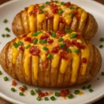 Cheesy Bacon Hasselback Potatoes served on a plate, garnished and crispy.