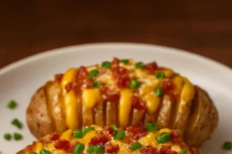 Cheesy Bacon Hasselback Potatoes served on a plate, garnished and crispy.