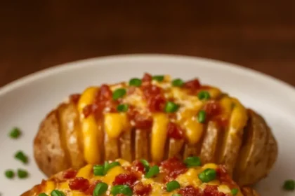 Cheesy Bacon Hasselback Potatoes served on a plate, garnished and crispy.