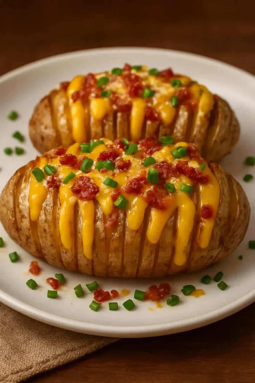 Cheesy Bacon Hasselback Potatoes served on a plate, garnished and crispy.