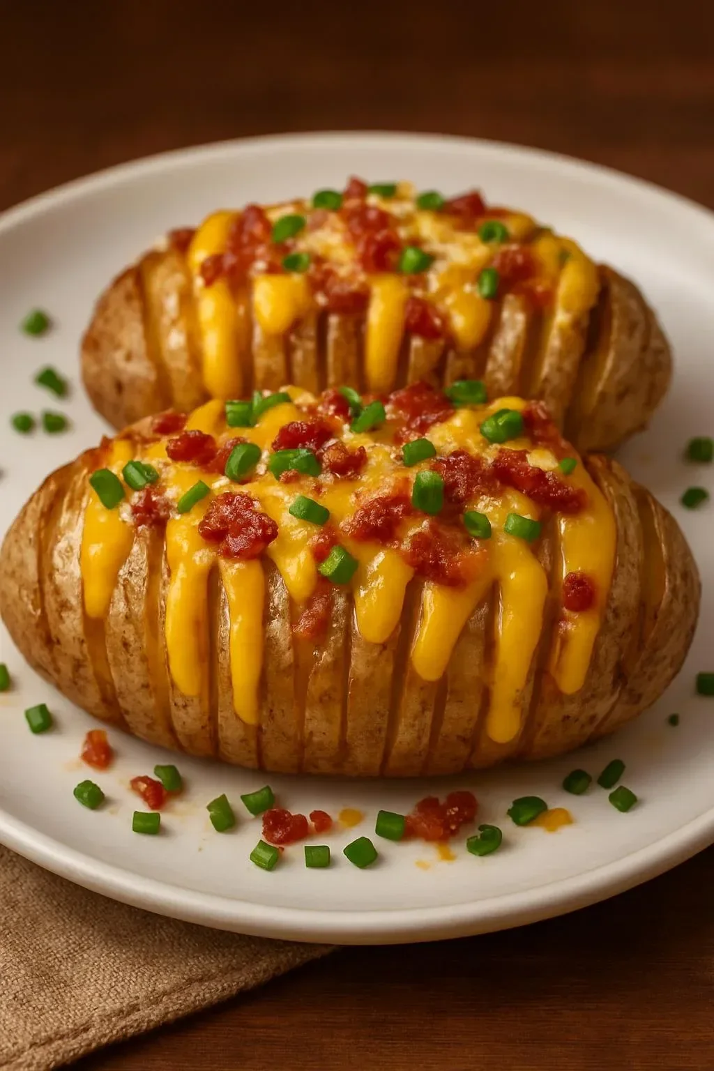 Cheesy Bacon Hasselback Potatoes served on a plate, garnished and crispy.
