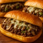 Cheesy beef mushroom sandwich loaded with melted cheese and savory beef.