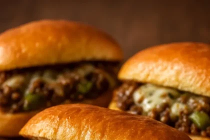 Cheesy beef mushroom sandwich loaded with melted cheese and savory beef.