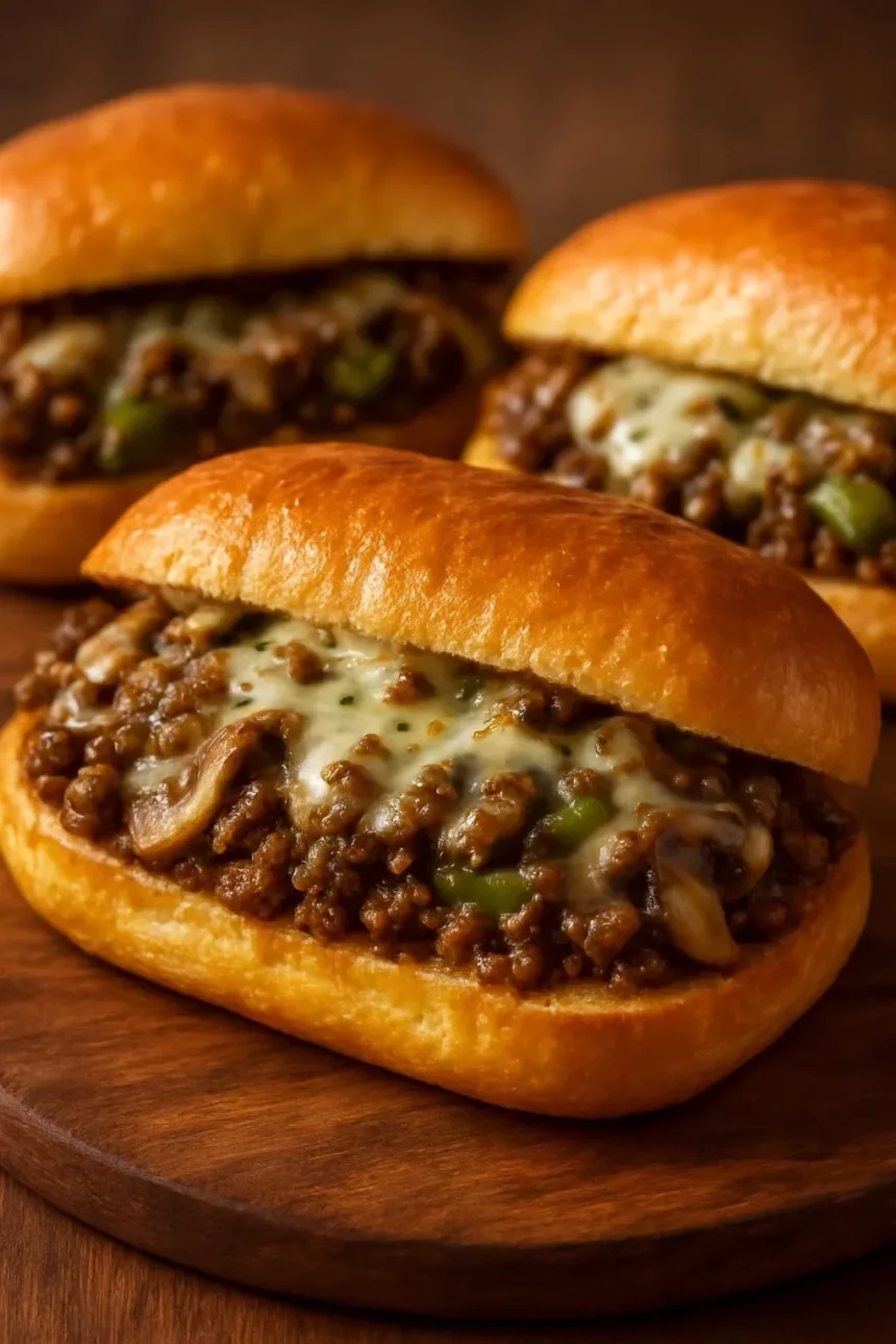 Cheesy beef mushroom sandwich loaded with melted cheese and savory beef.
