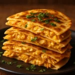 Cheesy chicken quesadillas topped with chipotle BBQ sauce on a plate.