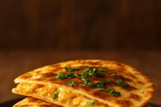 Cheesy chicken quesadillas topped with chipotle BBQ sauce on a plate.