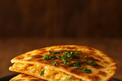 Cheesy chicken quesadillas topped with chipotle BBQ sauce on a plate.