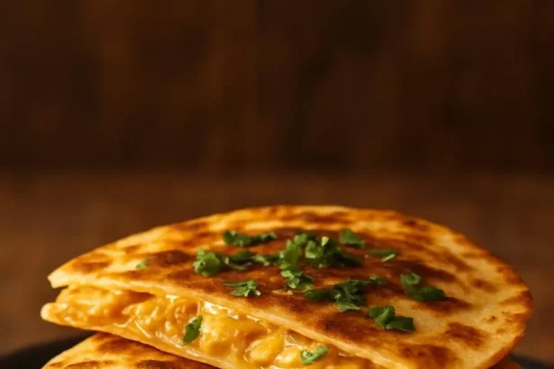 Cheesy chicken quesadillas topped with chipotle BBQ sauce on a plate.