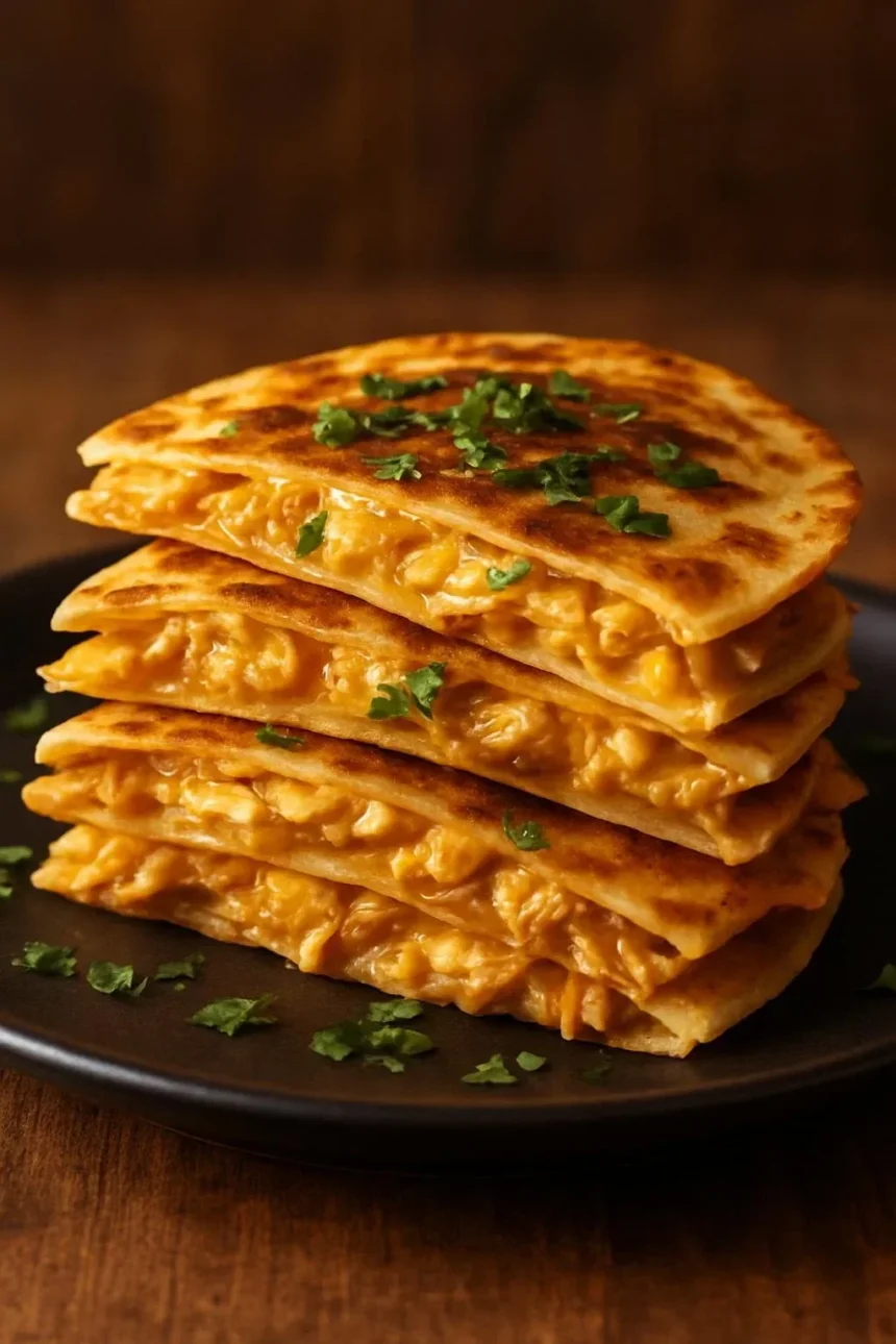 Cheesy chicken quesadillas topped with chipotle BBQ sauce on a plate.