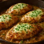 Cheesy chicken with caramelized onions served on a plate