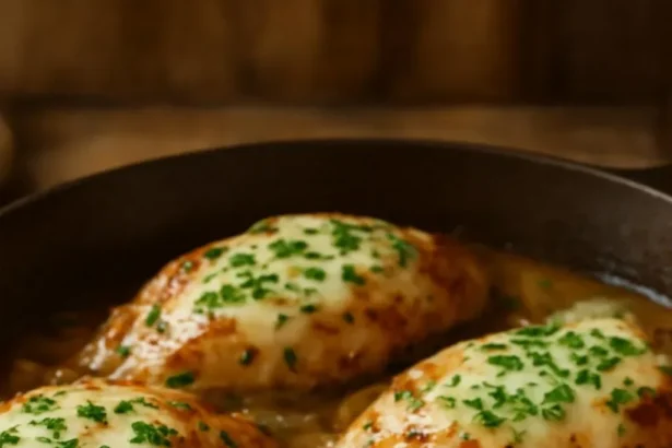 Cheesy chicken with caramelized onions served on a plate