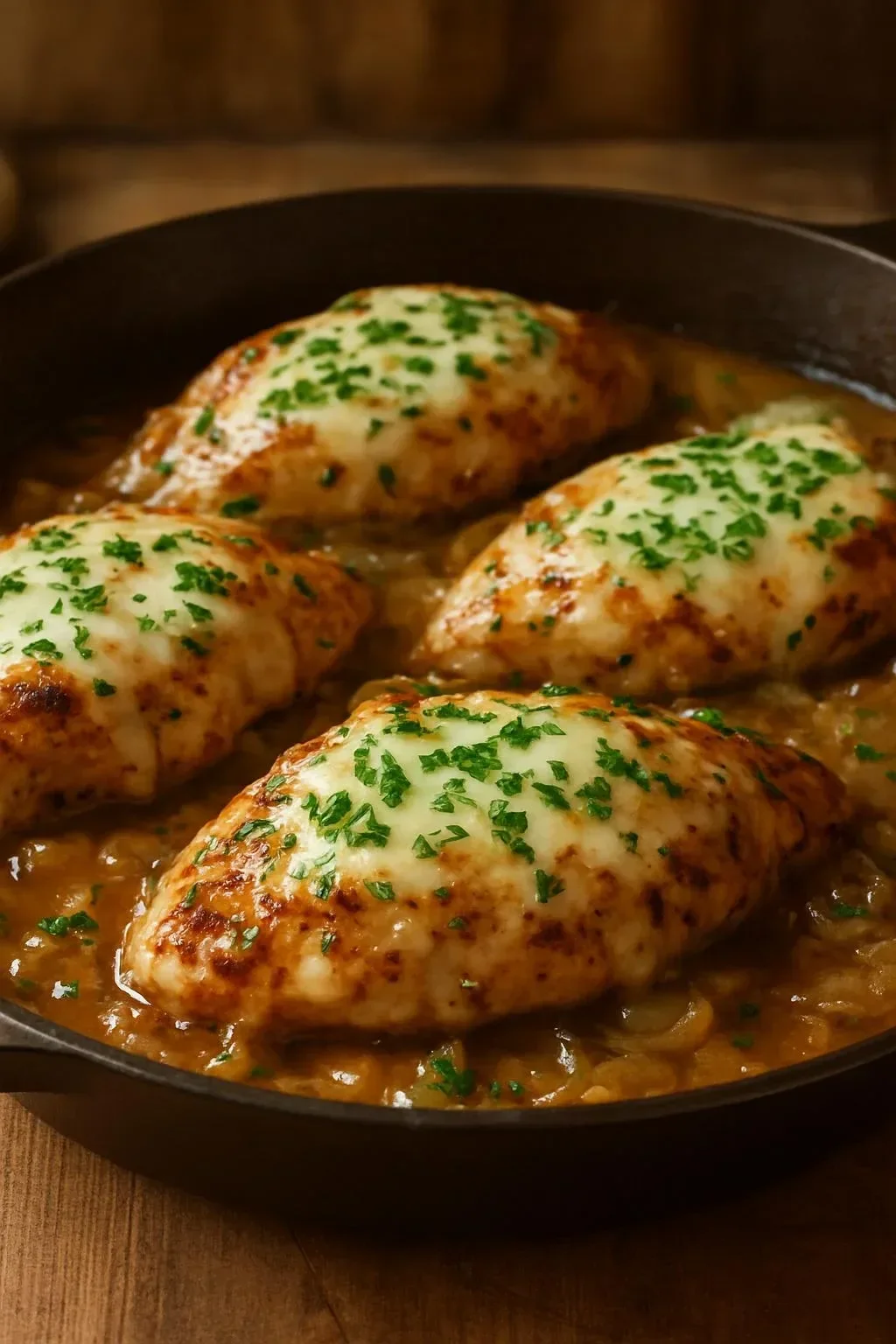 Cheesy chicken with caramelized onions served on a plate
