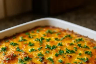 Delicious cheesy spaghetti squash casserole baked to perfection with creamy toppings
