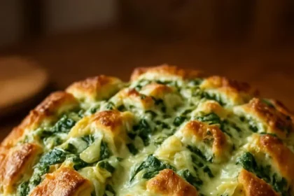 Cheesy spinach and artichoke pull-apart sourdough bread fresh out of the oven