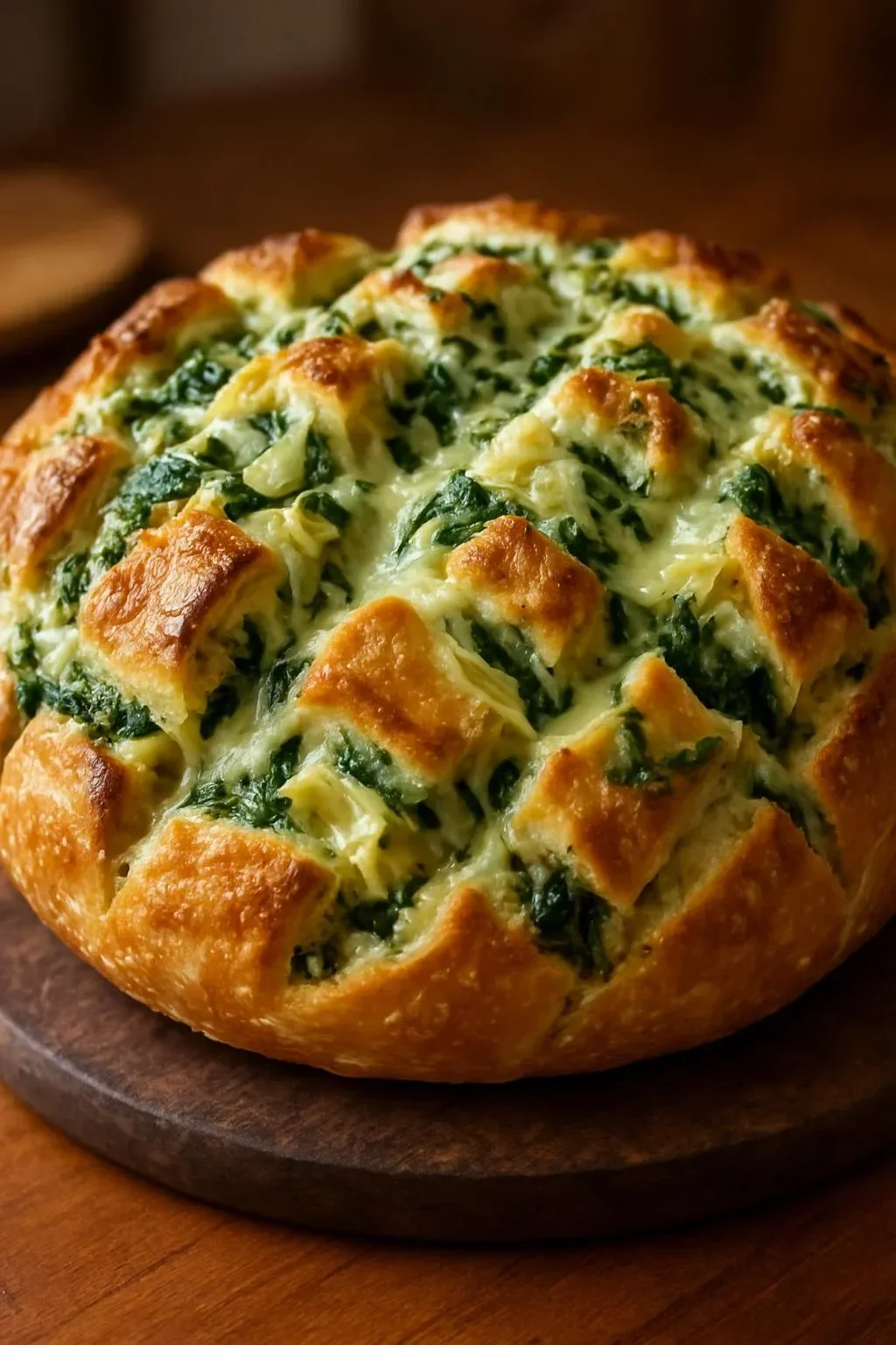 Cheesy spinach and artichoke pull-apart sourdough bread fresh out of the oven