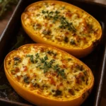 Cheesy spinach stuffed spaghetti squash topped with garlic sage butter