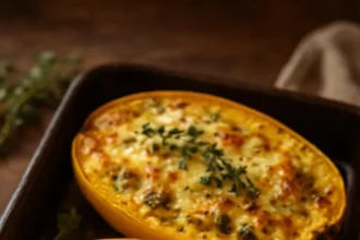 Cheesy spinach stuffed spaghetti squash topped with garlic sage butter