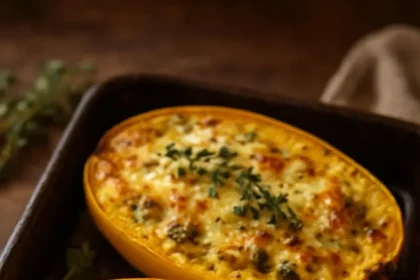 Cheesy spinach stuffed spaghetti squash topped with garlic sage butter