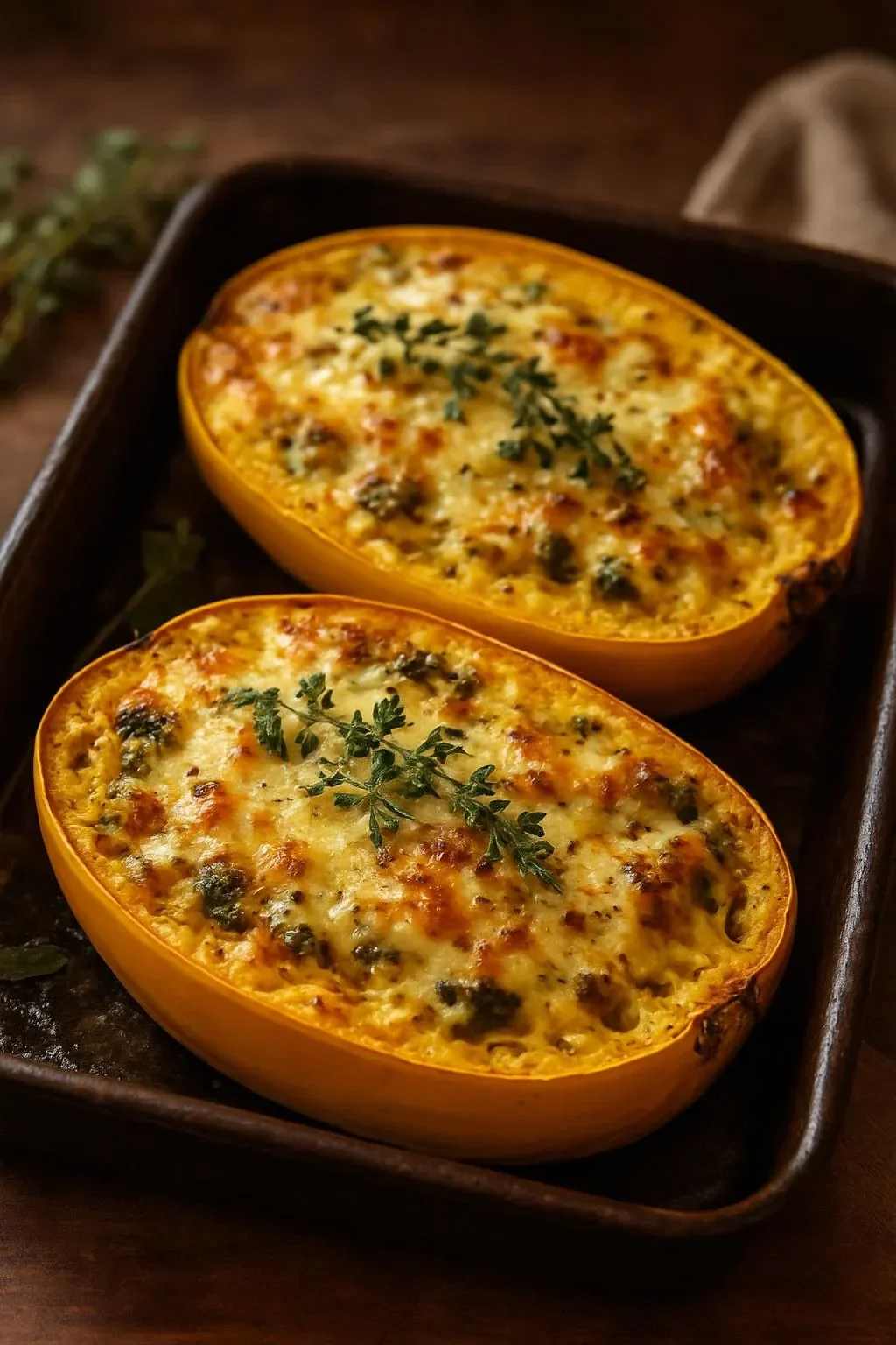 Cheesy spinach stuffed spaghetti squash topped with garlic sage butter