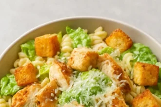 Delicious Chicken Caesar Pasta Salad with grilled chicken, romaine, and Caesar dressing