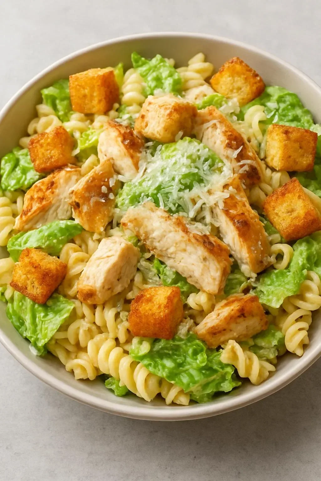 Delicious Chicken Caesar Pasta Salad with grilled chicken, romaine, and Caesar dressing