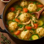 Bowl of Chicken Dumpling Soup with tender chicken and fluffy dumplings