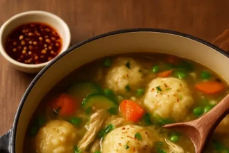 Bowl of Chicken Dumpling Soup with tender chicken and fluffy dumplings