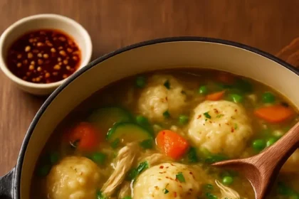 Bowl of Chicken Dumpling Soup with tender chicken and fluffy dumplings