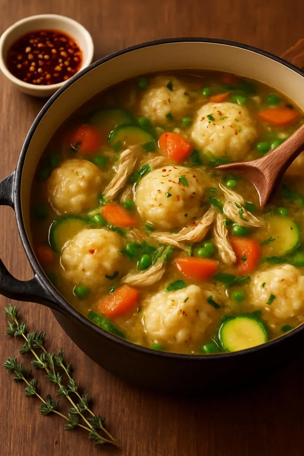 Bowl of Chicken Dumpling Soup with tender chicken and fluffy dumplings